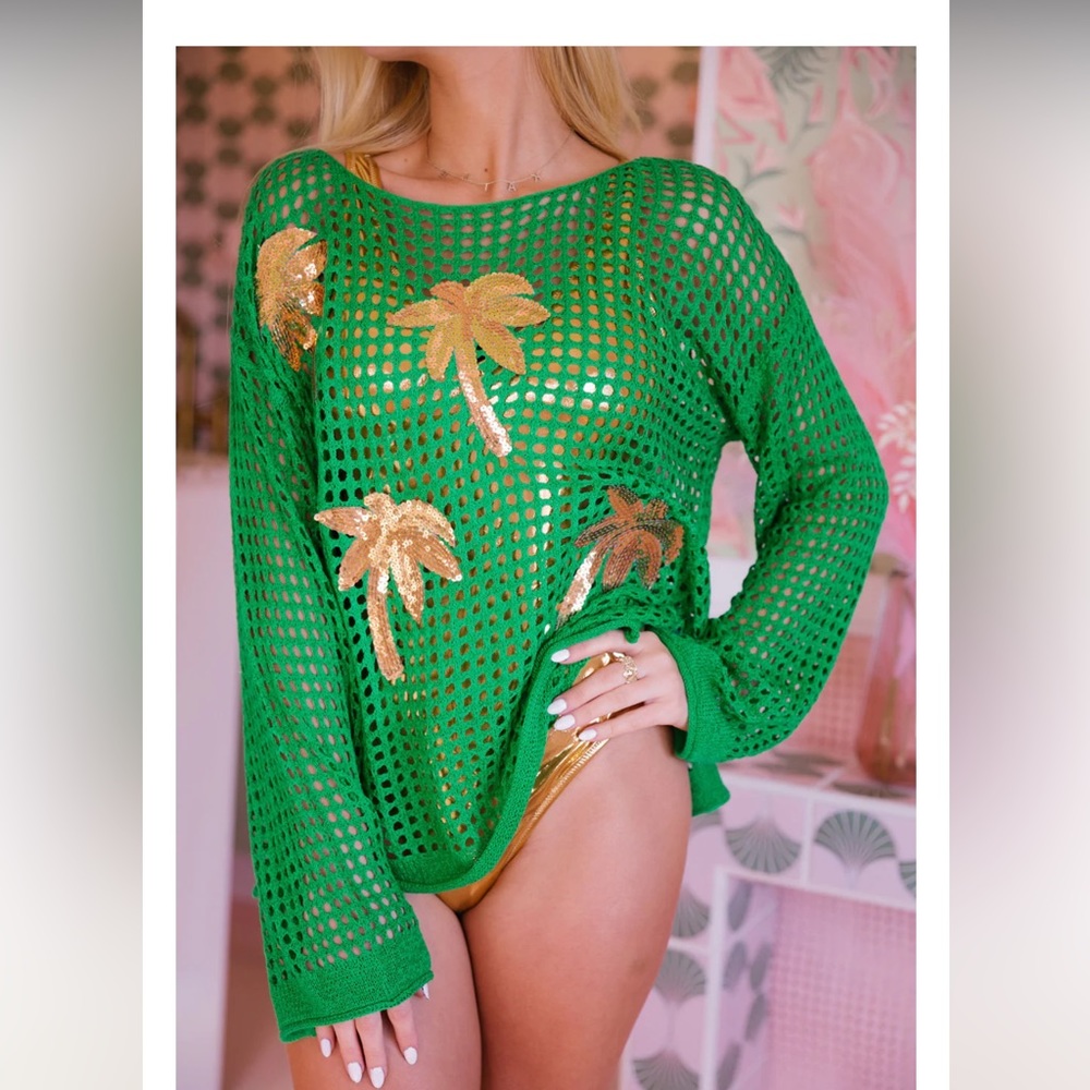 Judith March green & gold sequin palm Shake your palm Palm sweater coverup